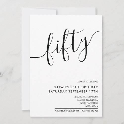 Modern Minimalist White Script 50th Birthday Invitation