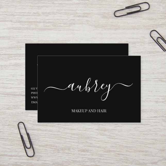 Modern minimalist white script  Black Business Card (Front/Back In Situ)