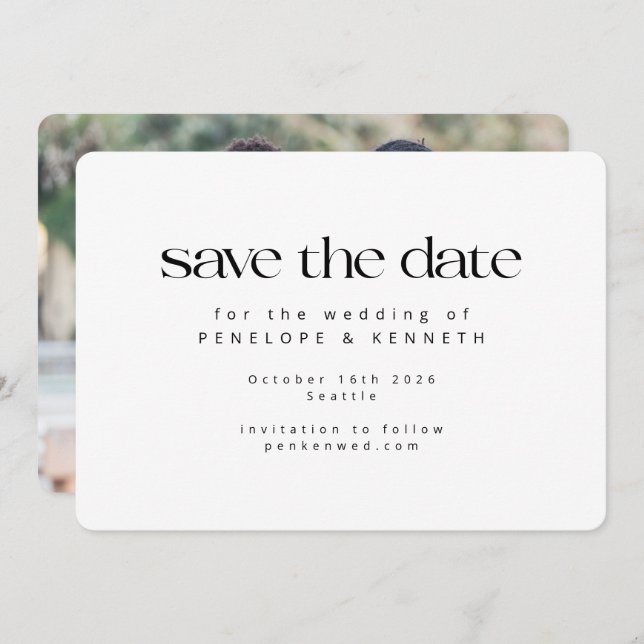 Modern Minimalist White Simple Photo Wedding Save The Date (Front/Back)