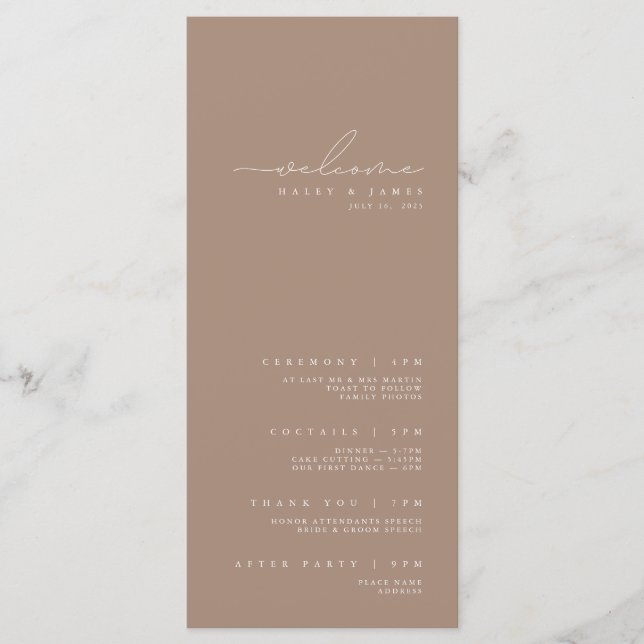 Modern Minimalist White & Taupe Wedding Program (Front)