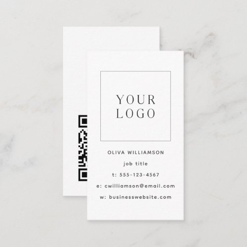 Modern Minimalist White Vertical Logo QR Code Business Card