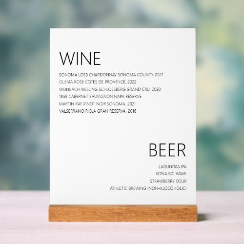 Modern Minimalist Wine Beer Drinks Menu Wedding Acrylic Sign