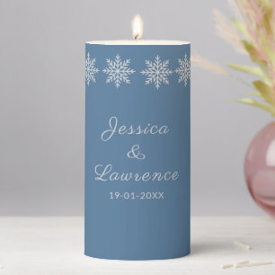Modern Minimalist Winter Dusty Blue Silver Wedding Pillar Candle