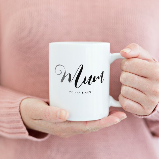 Modern Minimalist with names Mother's Day Mom Coffee Mug (Mum mug gift for mothers day with kids name modern minimalist handwritten script elegant chic)