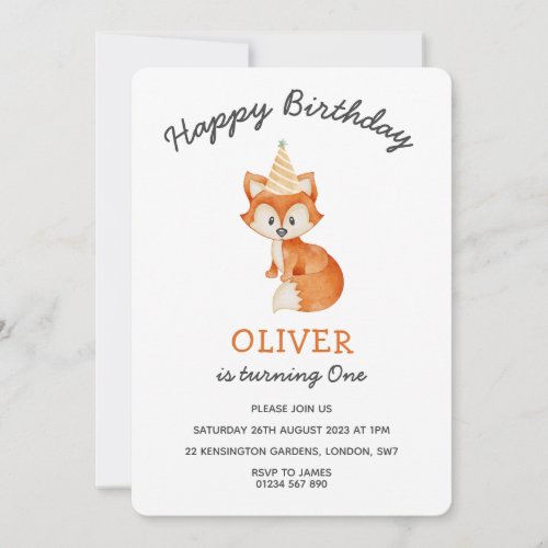 Modern Minimalist Woodland Fox first birthday Invitation