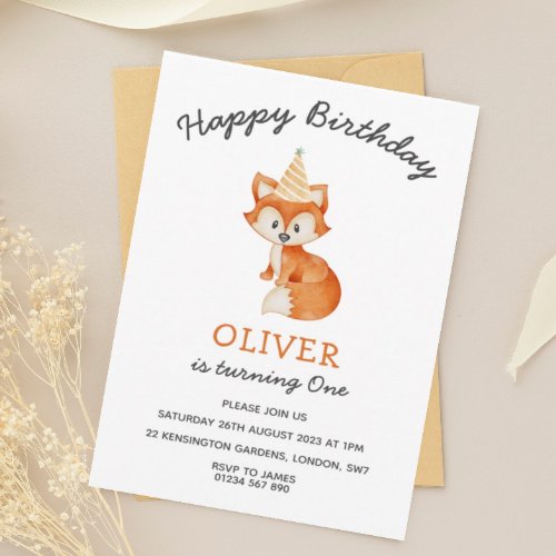 Modern Minimalist Woodland Fox first birthday Invitation