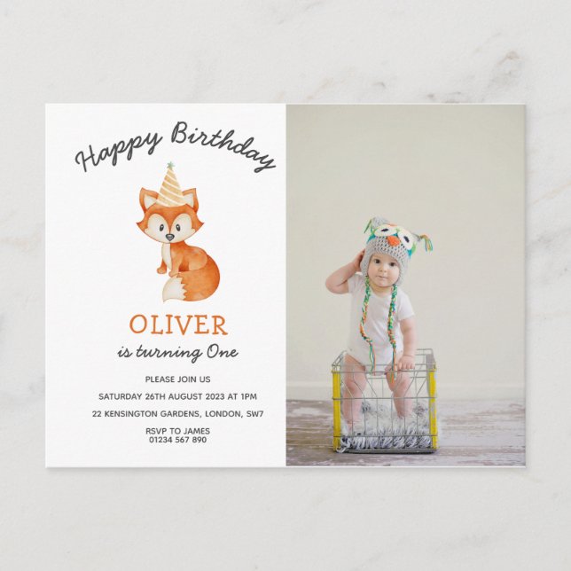Modern Minimalist Woodland Fox first birthday Postcard (Front)