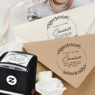 Modern Minimalist Wreath Script Return Address Self-inking Stamp