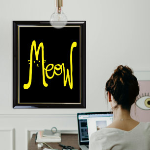 Modern Minimalist Yellow And Black Cat Typography Poster