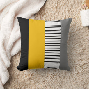 Modern Minimalist Yellow & Gray Striped Geometric Throw Pillow