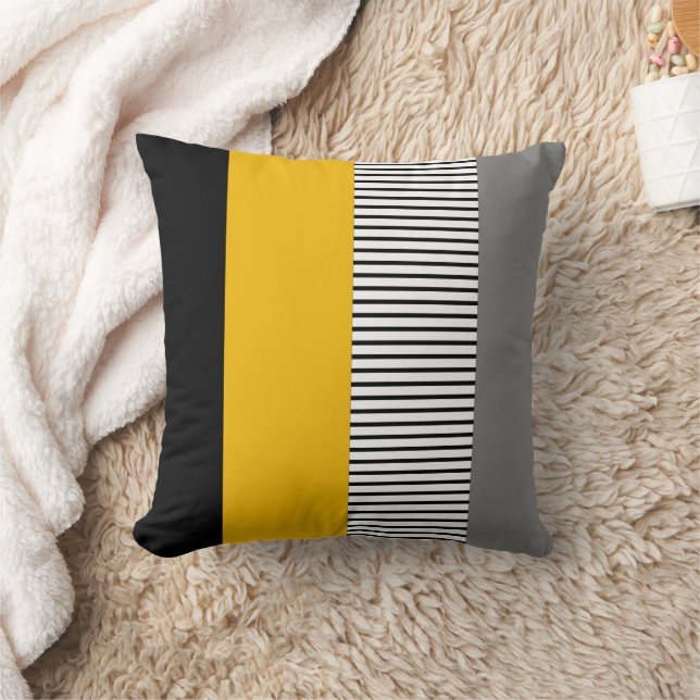 Modern Minimalist Yellow & Gray Striped Geometric Throw Pillow (Blanket)
