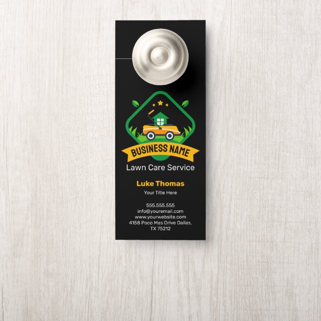 Modern Minimalist Yellow Green Lawn Mowing Logo Door Hanger (On Knob)