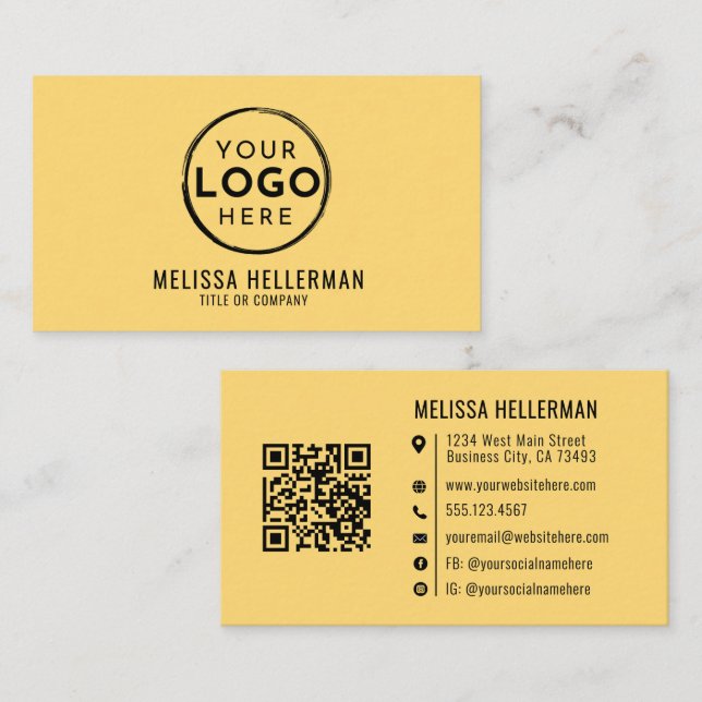 Modern Minimalist Yellow Professional Logo QR Code Business Card (Front/Back)