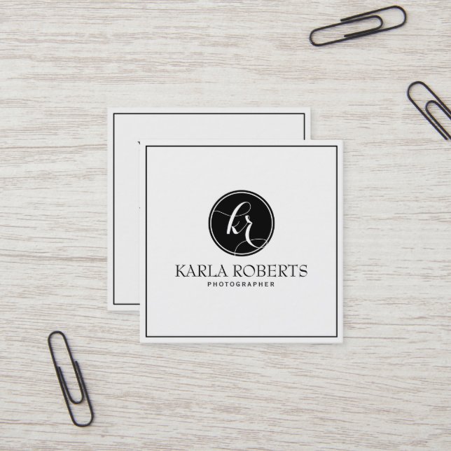 Modern Minimalistic Black & Circle Photographer Square Business Card (Front/Back In Situ)