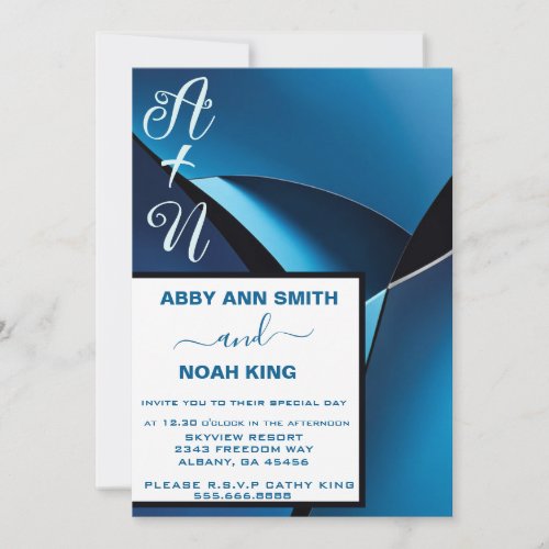 Modern Minimalistic Blue Waves Wedding Invitation