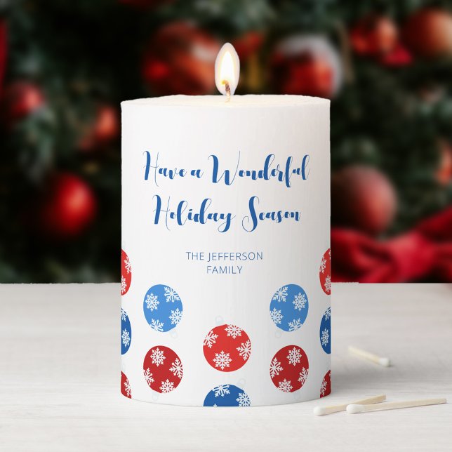 Modern Minimalistic Christmas ornaments Pillar Candle (Classic red and blue Christmas ornaments with snowflakes custom candle)