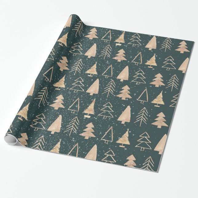 Modern Minimalistic Gold Christmas Trees Wrapping Paper (Unrolled)