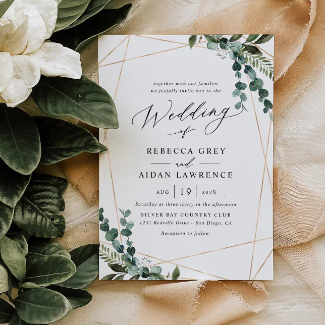 Modern Minimalistic Greenery Gold Wedding Invitation | Zazzle