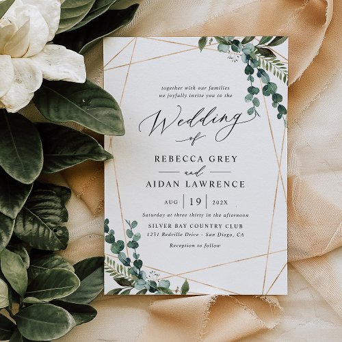 Modern Minimalistic Greenery Gold Wedding Invitation