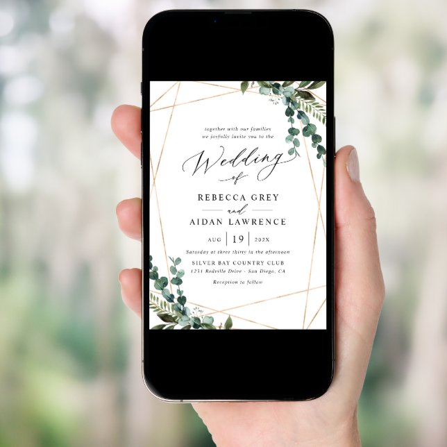 Modern Minimalistic Greenery Gold Wedding Invitation (Front Digital)
