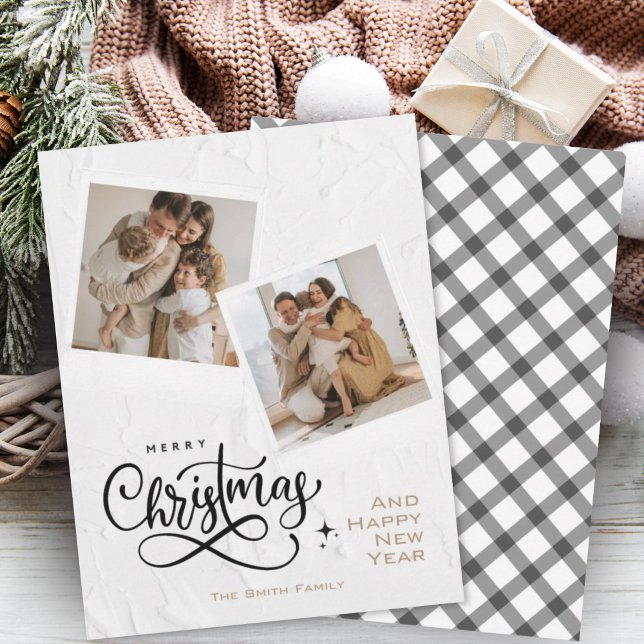 Modern Minimalistic Merry Christmas Plaid Photo Holiday Card (Creator Uploaded)