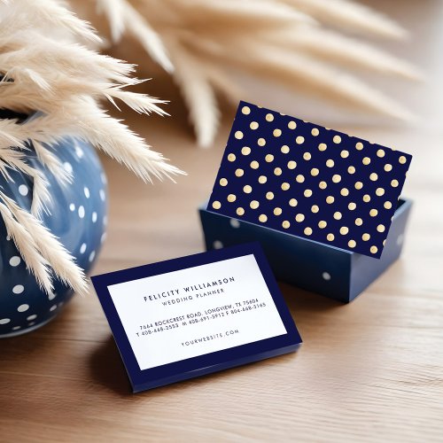 Modern Minimalistic Navy Blue  Gold Polka Dot Business Card