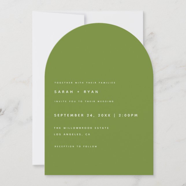 Modern Minimalistic Olive Green Arch Wedding Invitation (Front)
