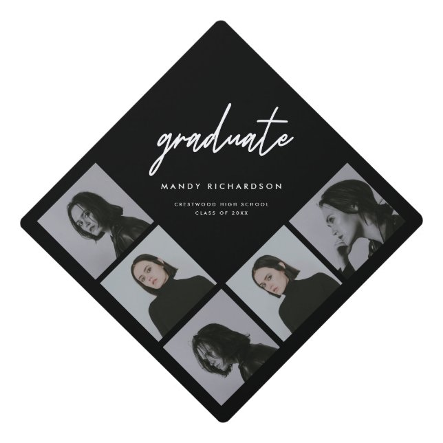 Modern Minimalistic Script 5-Photo Black Graduation Cap Topper (Front)
