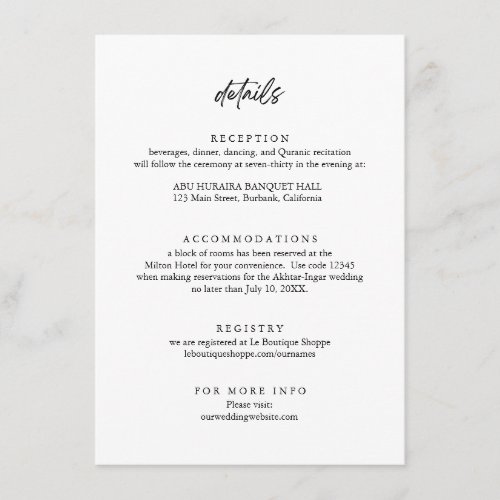 Modern Minimalistic Wedding Details Enclosure Card
