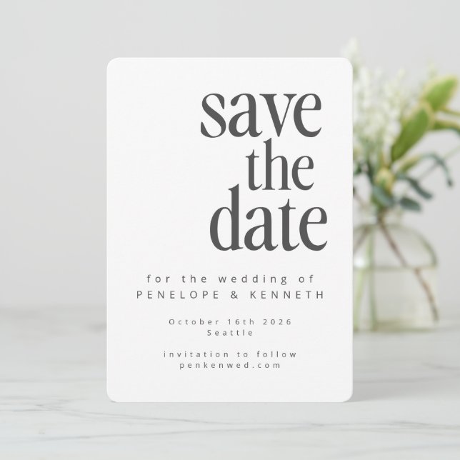 Modern Minimalistic White Black Simple Wedding Save The Date (Standing Front)