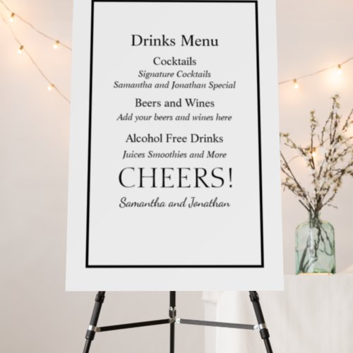 Modern Minimalistic White on Black Drinks Menu Foam Board