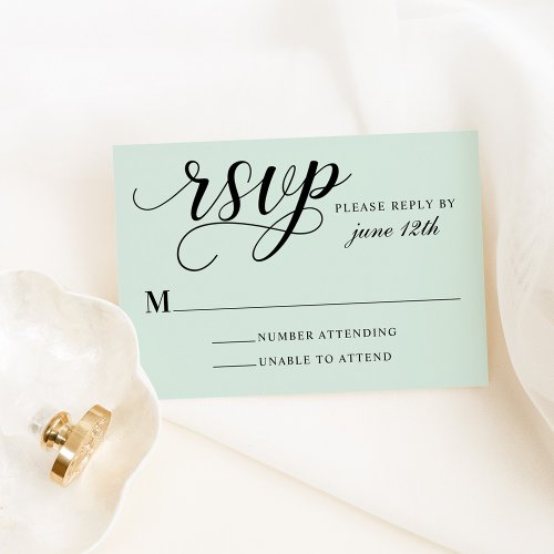 Modern Mint and Black Script Wedding RSVP Card
