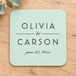 Modern Mint and Black Wedding Monogram Square Paper Coaster
