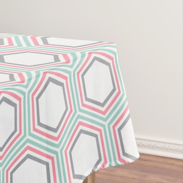 Modern Mint and Coral Geometric Pattern Tablecloth (In Situ)