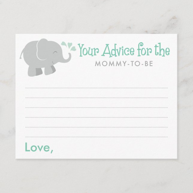Modern Mint and Gray Elephant Baby Shower Advice Card (Front)