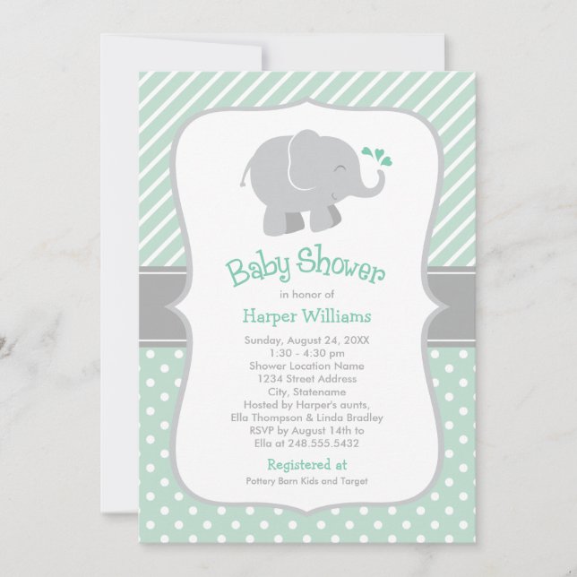Modern Mint and Gray Elephant Baby Shower Invitation (Front)