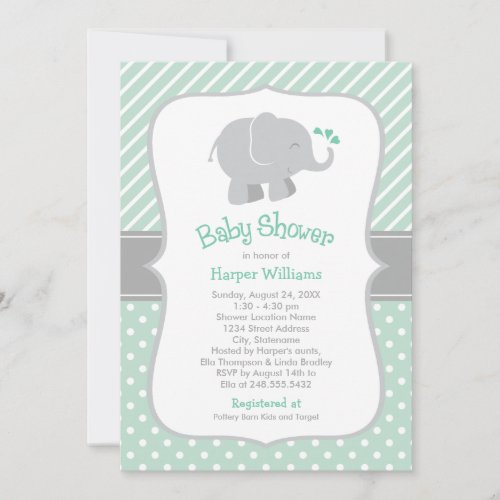 Modern Mint and Gray Elephant Baby Shower Invitation