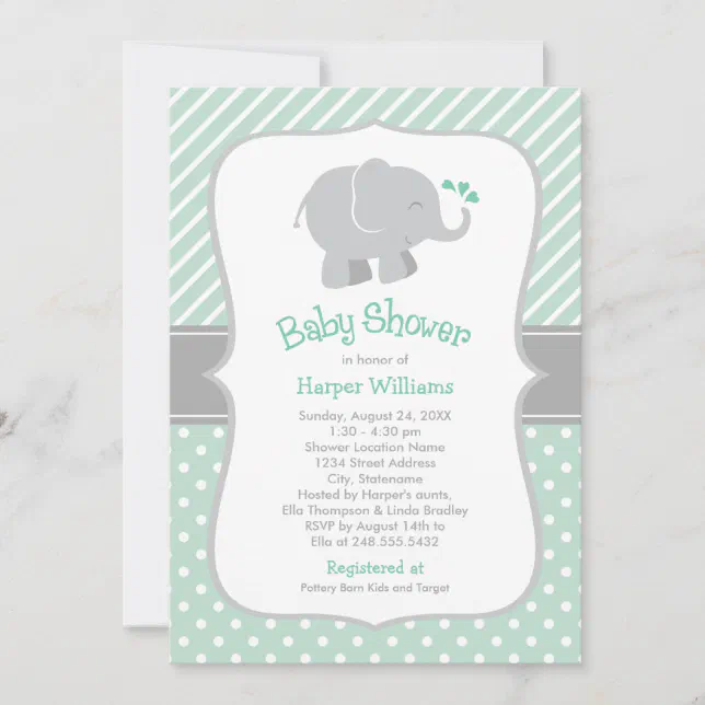 Modern Mint and Gray Elephant Baby Shower Invitation | Zazzle