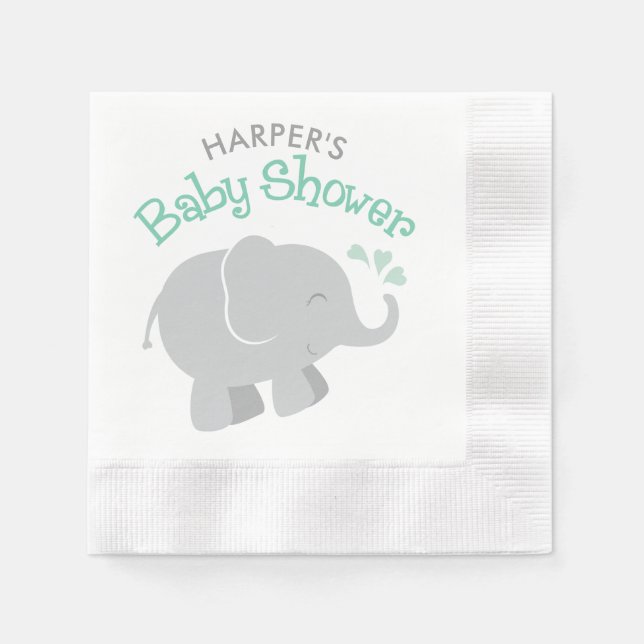 Modern Mint and Gray Elephant Baby Shower Paper Napkins (Front)