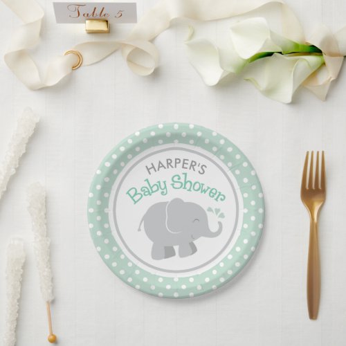 Modern Mint and Gray Elephant Baby Shower Paper Plates
