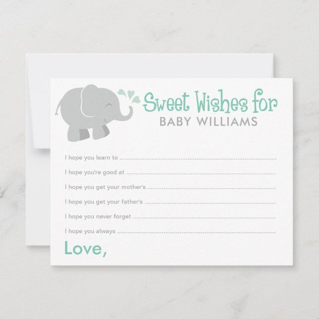 Modern Mint and Gray Elephant Baby Shower Wishes (Front)