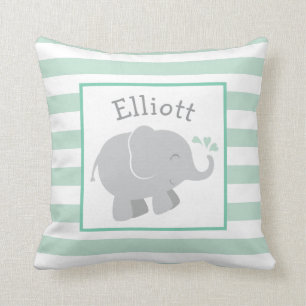 Modern Mint and Gray Elephant Custom Monogram Throw Pillow
