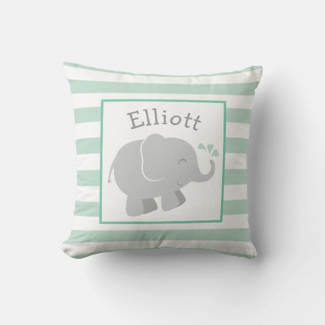 Modern Mint and Gray Elephant Monogram Throw Pillow (Front)
