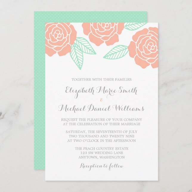 Modern Mint and Peach Rose Wedding Invitations (Front/Back)
