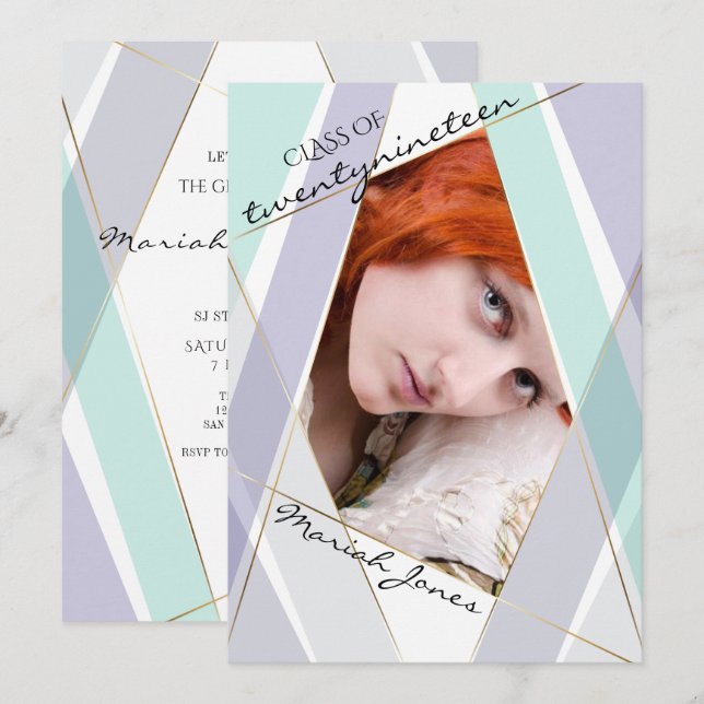 Modern Mint and Violet Geometric Graduate Photo Invitation (Front/Back)