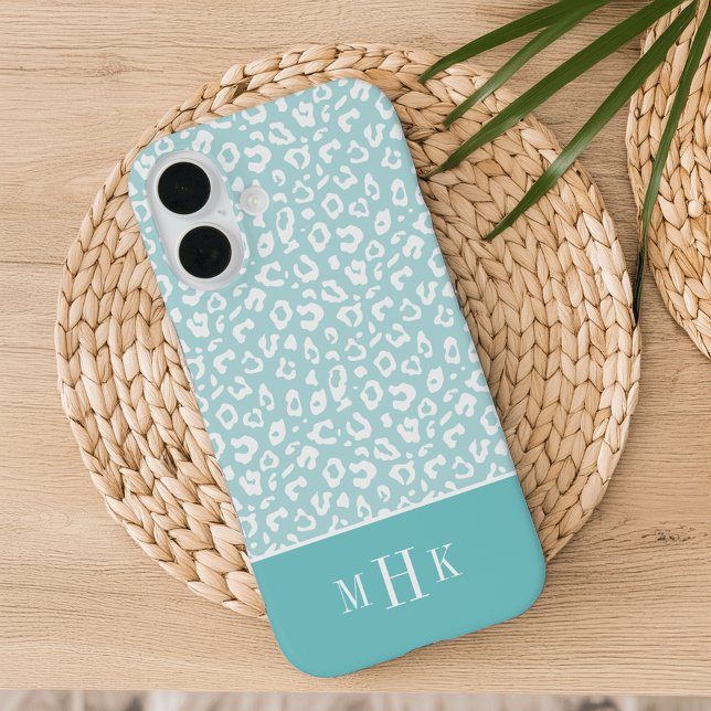 Modern Mint & Aqua Leopard Print Monogram Case-Mate iPhone Case (Creator Uploaded)