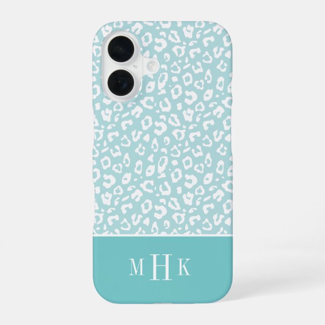 Modern Mint & Aqua Leopard Print Monogram Iphone Case (Back)