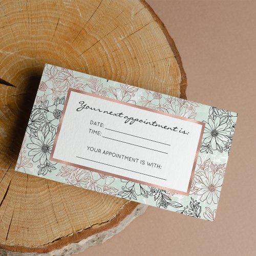 Modern Mint Black Rose Gold Floral Marble Appointment Card