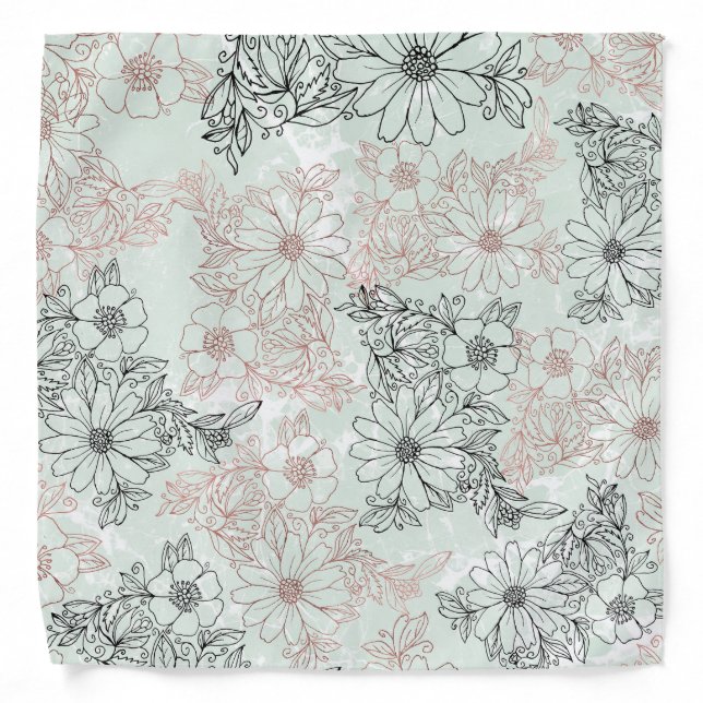 Modern Mint Black Rose Gold Floral Marble Bandana (Front)