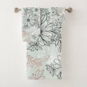 Modern Mint Black Rose Gold Floral Marble Bath Towel Set